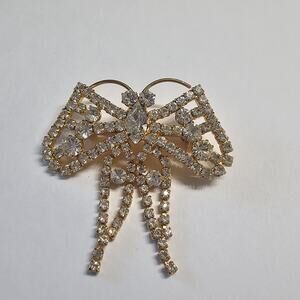 Vintage Rhinestone Butterfly Brooch, Gold Tone Prong Set Pin, Mid-Century Style